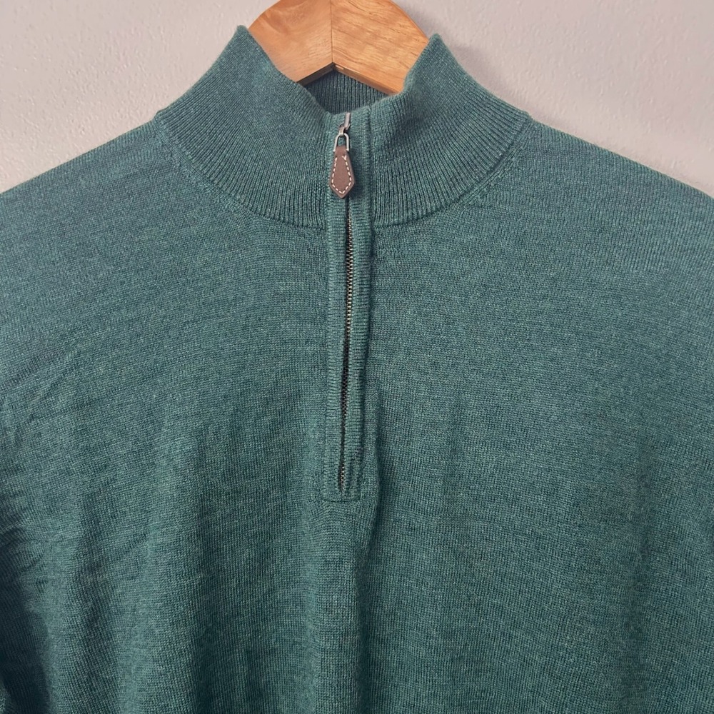 Alan Paine Sweater Mens Large Green 1/4 Zip Pure Merino Wool Mock‎ Neck England